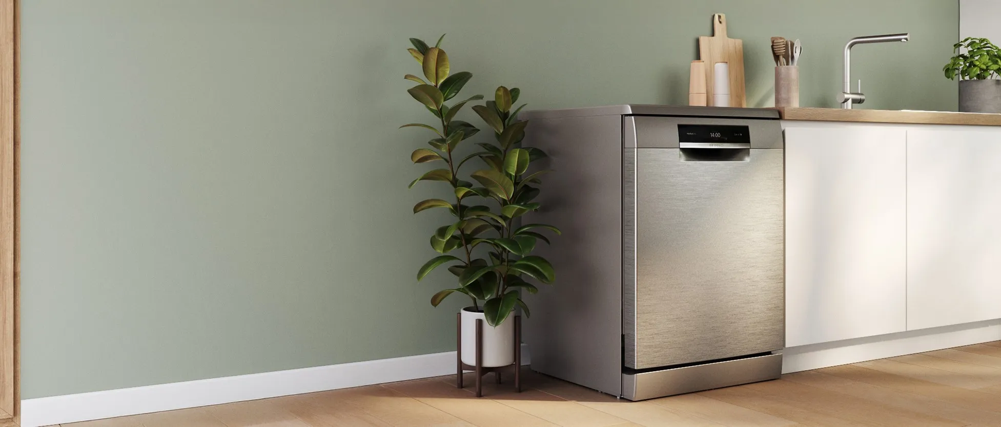 Moderne Küche mit einem schlanken Geschirrspüler, Holzarbeitsplatte und weißen Küchenschränken.