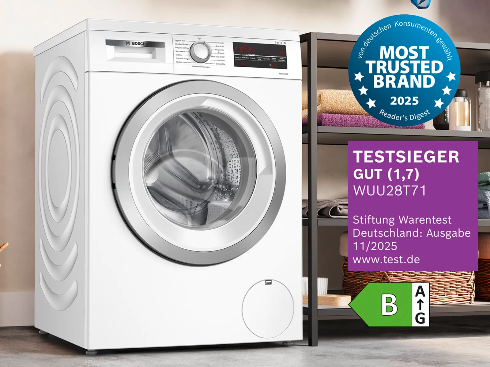 Bosch Waschmaschinen mit dem Label Testsieger.
