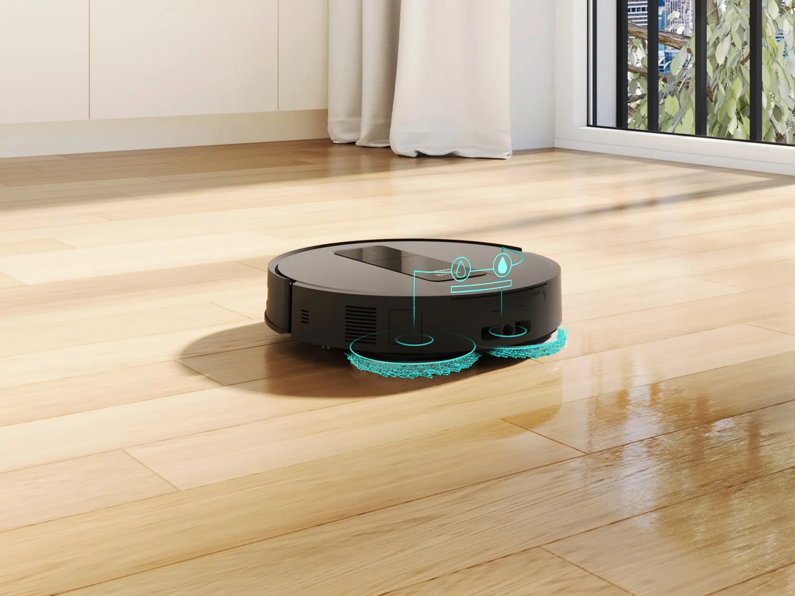 Une vue du robot aspirateur et laveur encastré Bosch sur un parquet clair, avec des flèches turquoise visualisant les mouvements d’aspiration et de lavage.