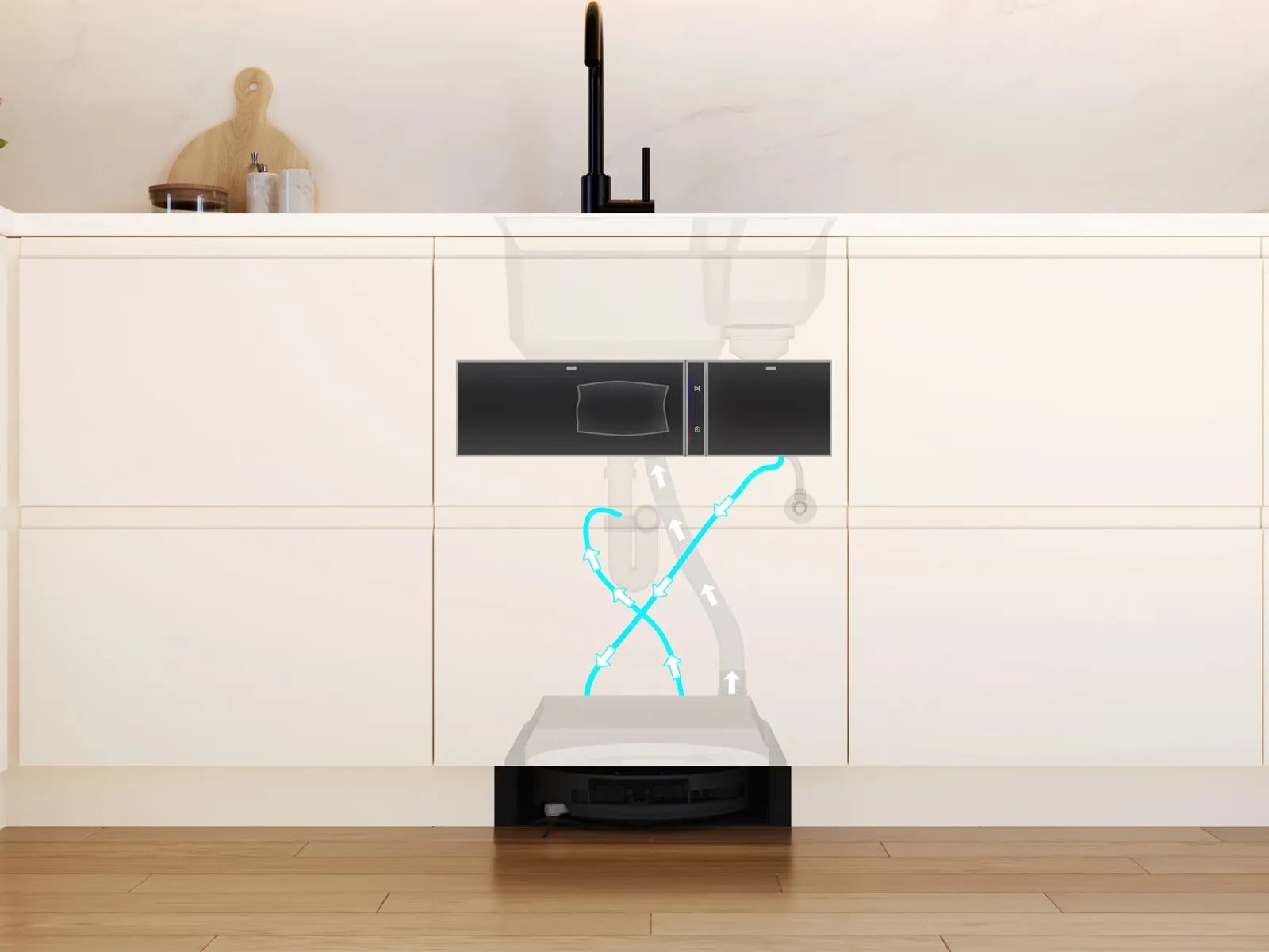 Uno schema mostra i collegamenti interni della linea dell'acqua sotto un lavello della cucina, con un robot di pulizia agganciato alla base dell'armadio.