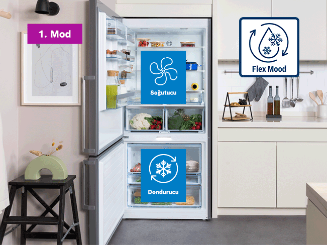 Sogutucu ve Dondurucu etiketleri ile Buzdolabı, mutfak aletleri ve modern mutfak ortamında dekor malzemeleri.