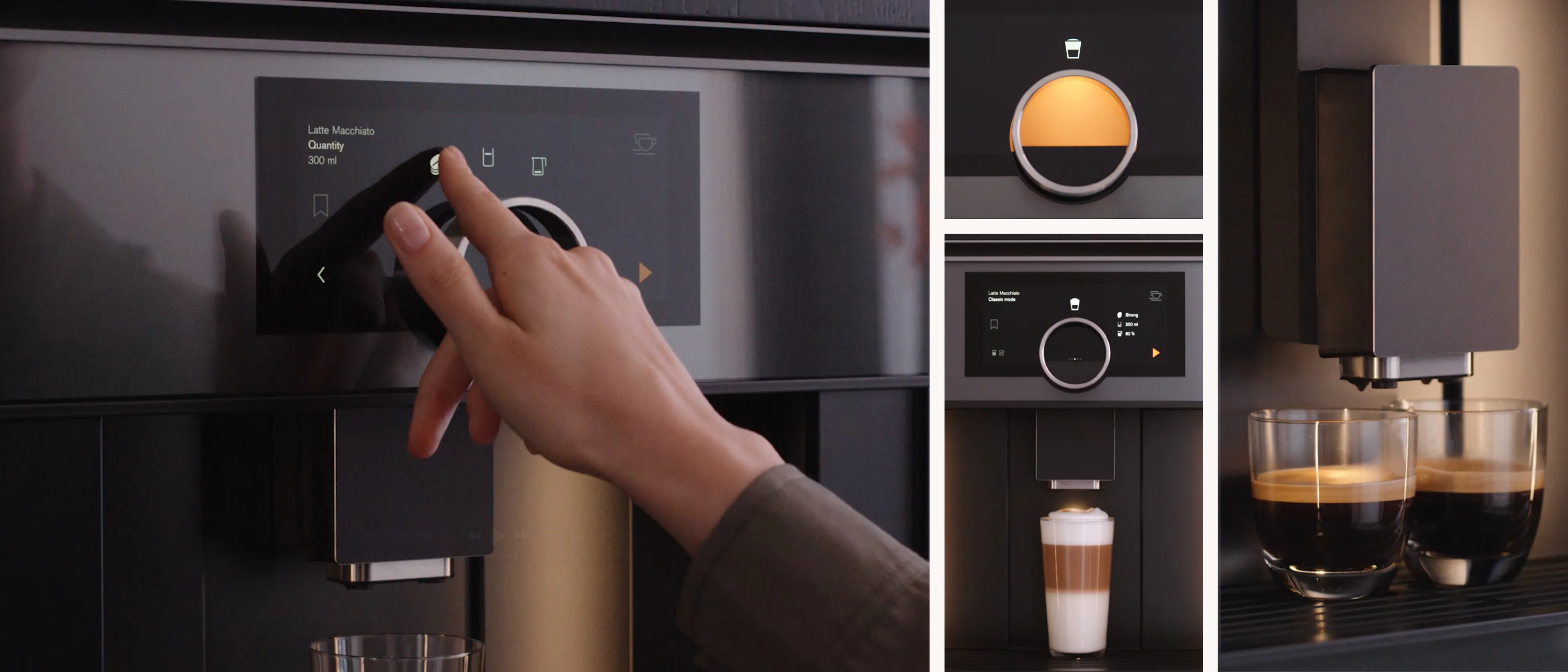 Collage showing a user making various types of coffee beverages with the Gaggenau Expressive series fully automatic espresso machine