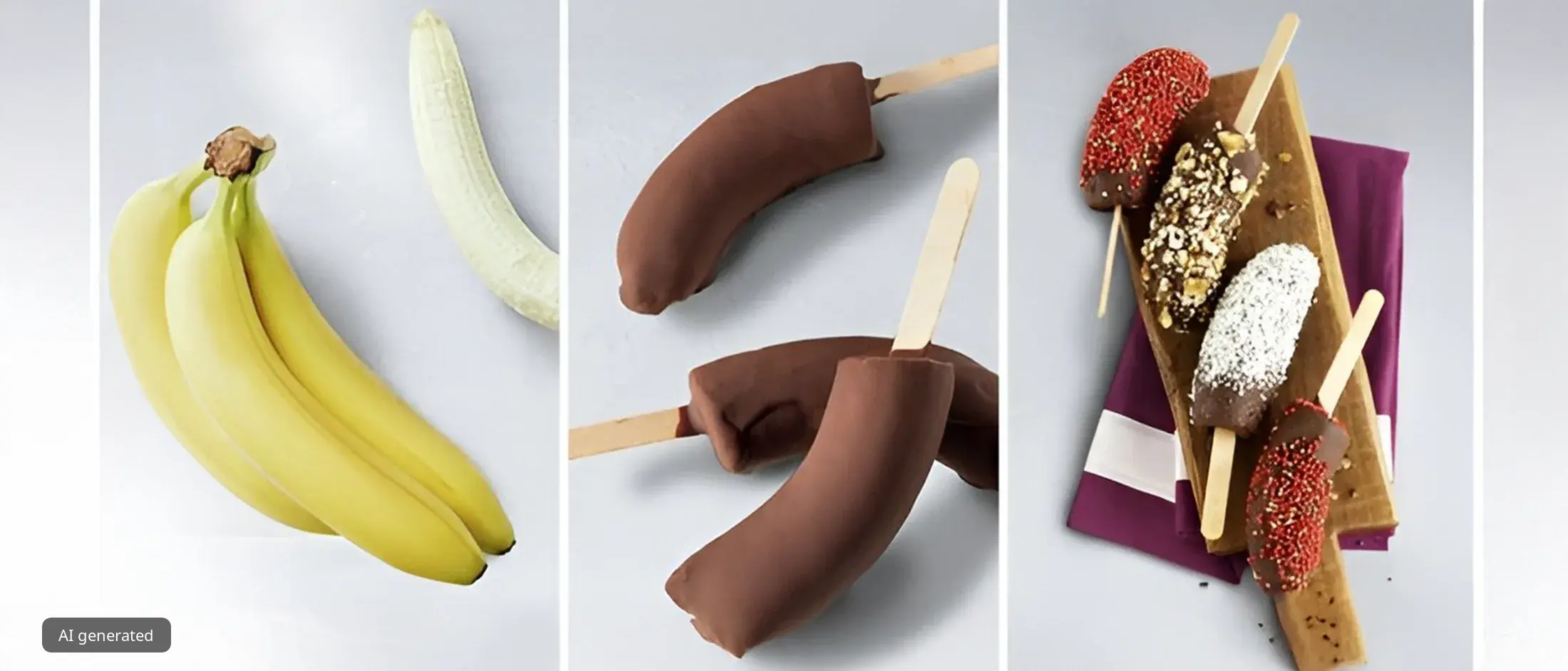 Three-panel image showing ripe bananas, chocolate banana pops, and decorated pops with nuts and sprinkles on a wooden tray