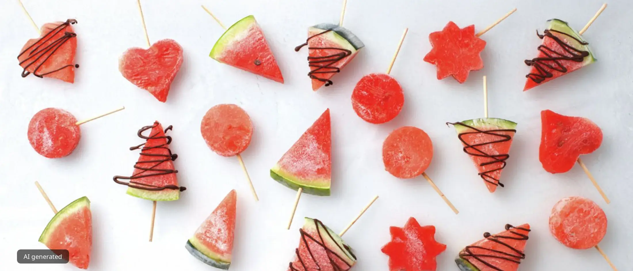 Assorted watermelon popsicles in various shapes, some drizzled with chocolate, arranged on a white surface.