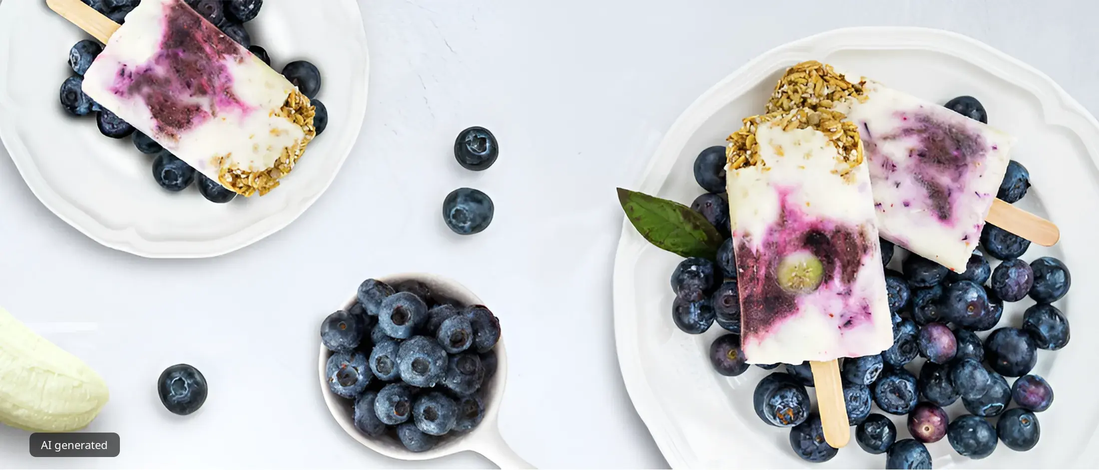 Two blueberry yogurt popsicles with granola on white plates, surrounded by blueberries and a peeled banana.