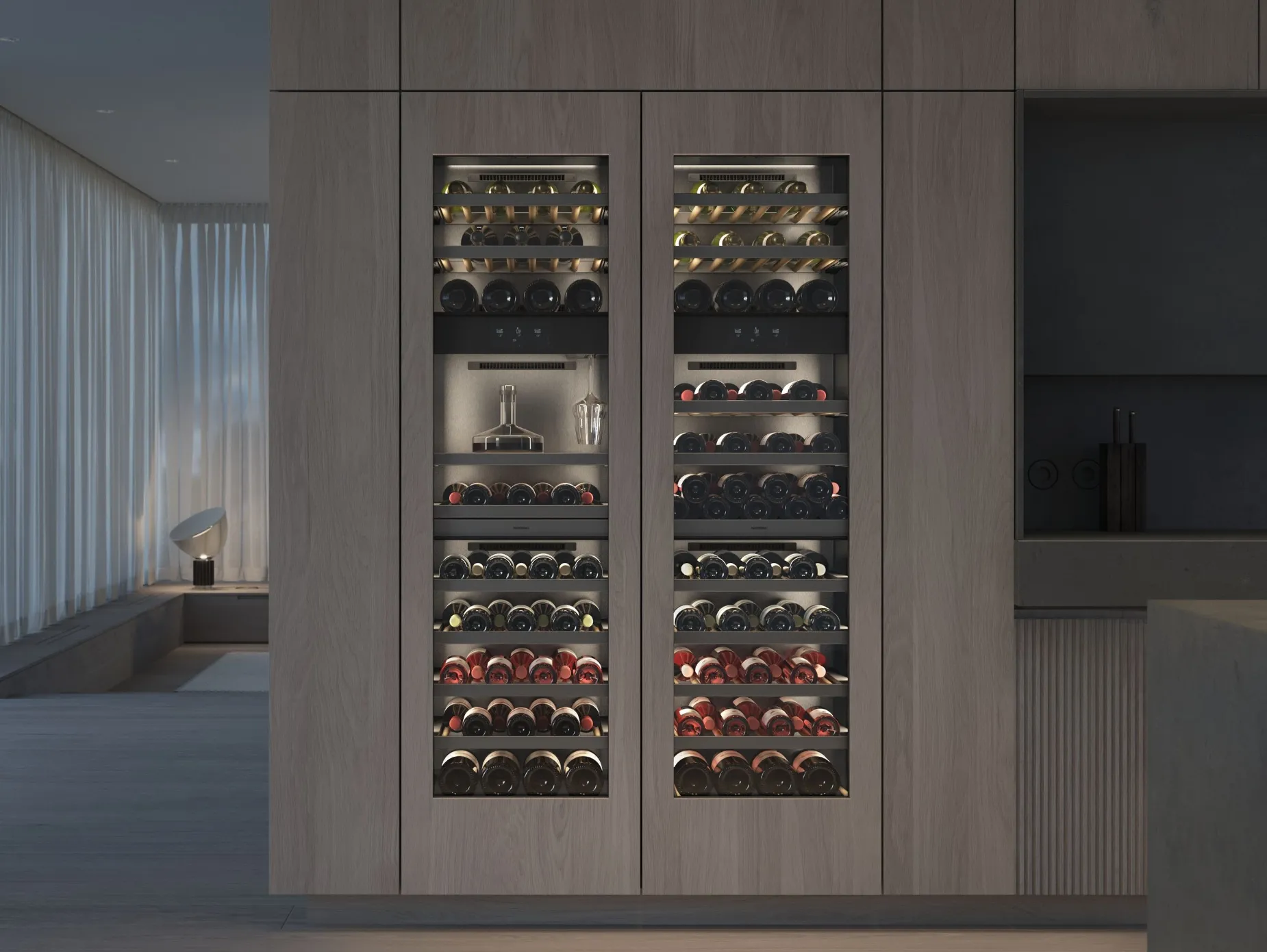 Two Gaggenau Vario cooling expressive series wine climate cabinets in a luxury kitchen