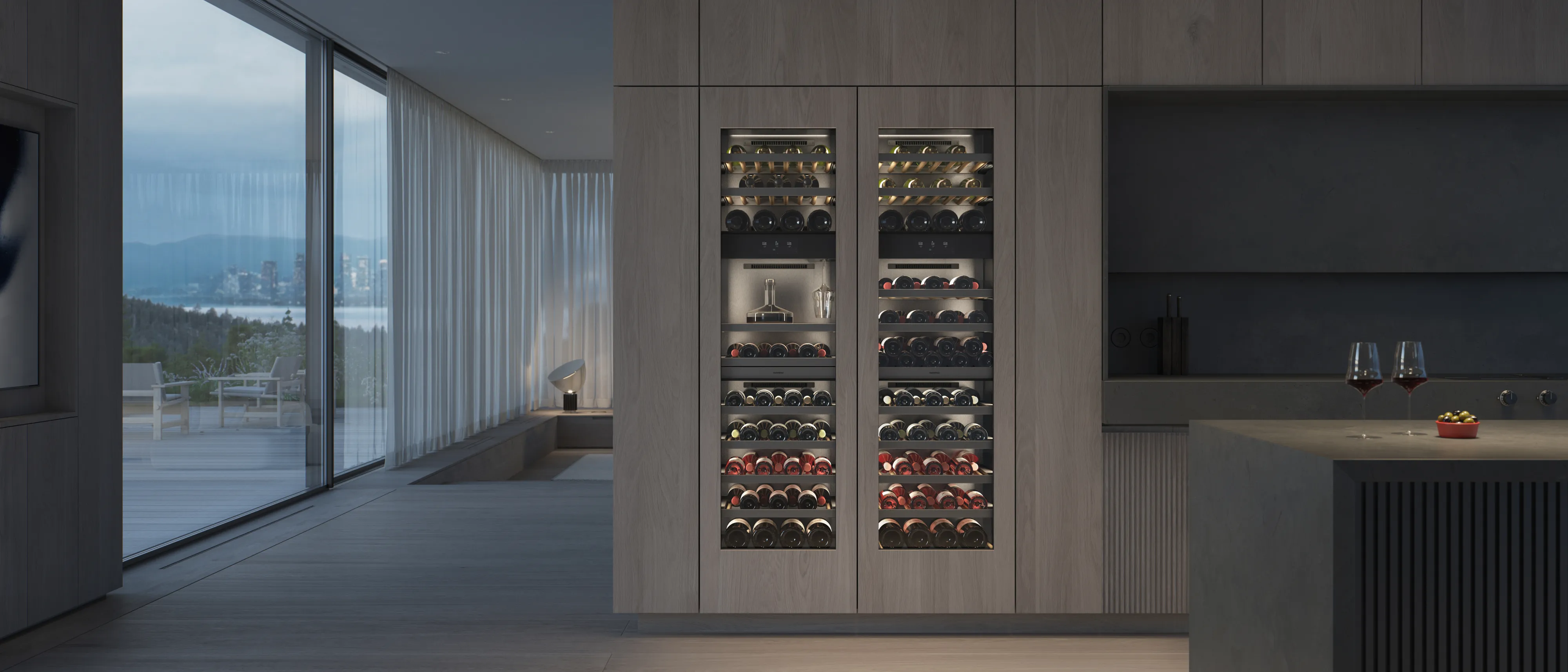 Two Gaggenau Vario cooling expressive series wine climate cabinets in a luxury kitchen