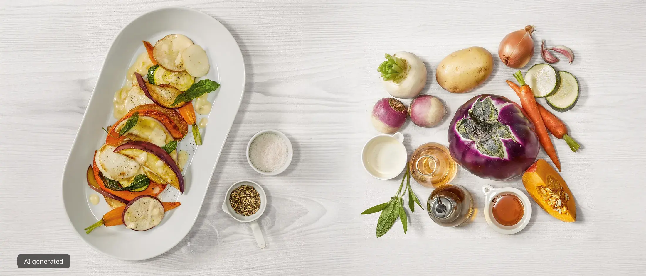 Plated roasted vegetables with herbs and seasonings on the left, whole fresh vegetables and oils arranged on the right.