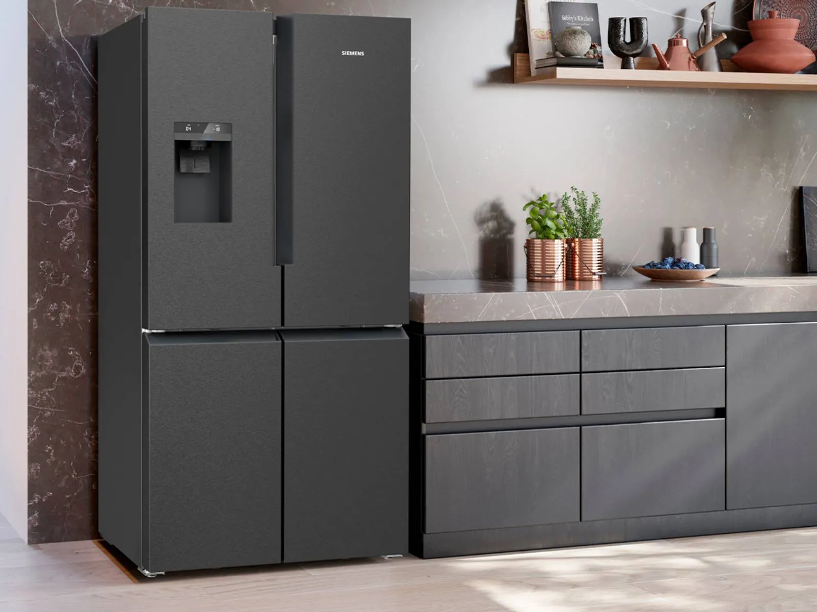 Freestanding fridge freezer in kitchen