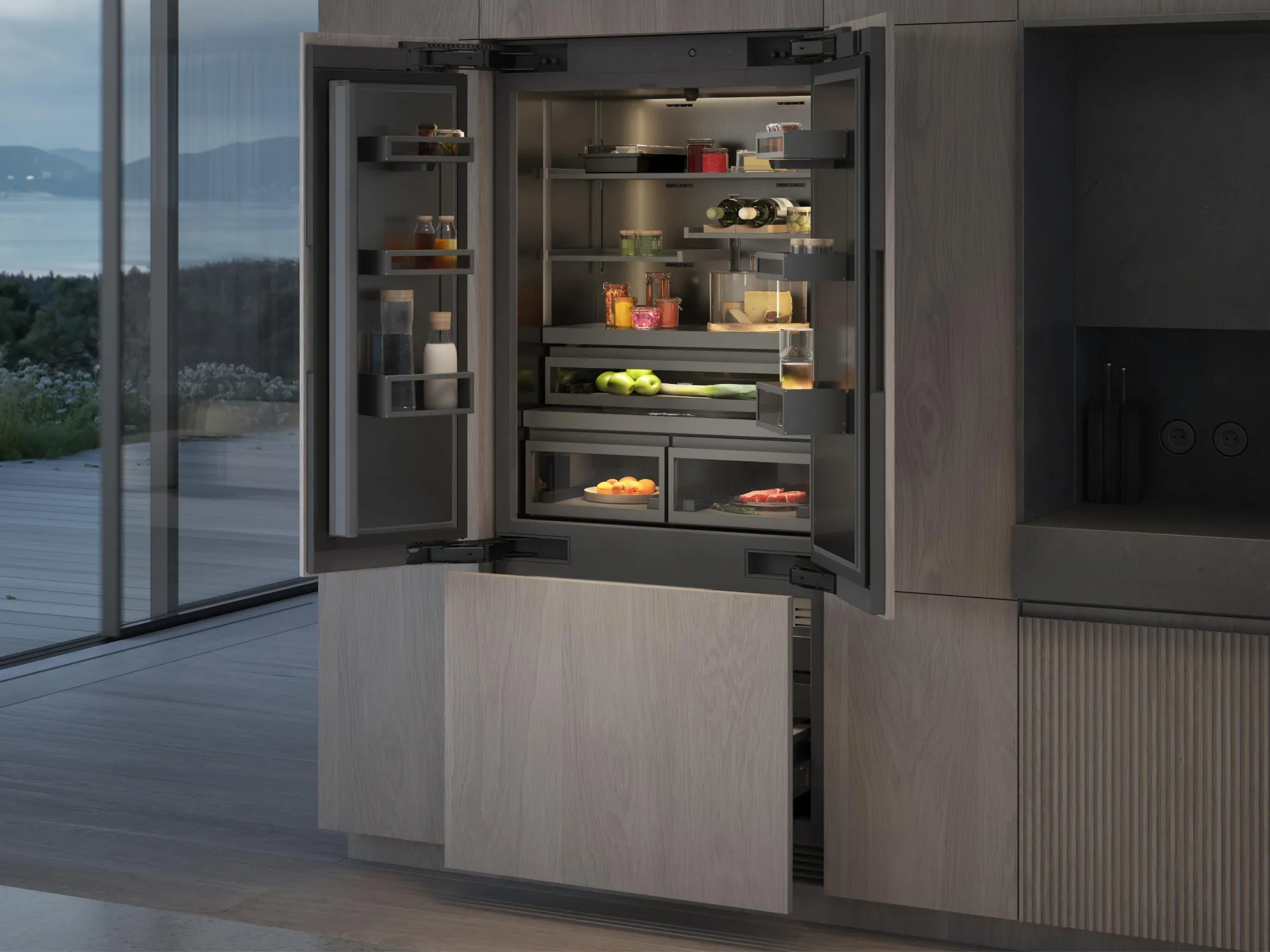 Lyxigt kök utrustat med en kyl-/fryskombination i Gaggenau Vario Cooling Expressive-serien
