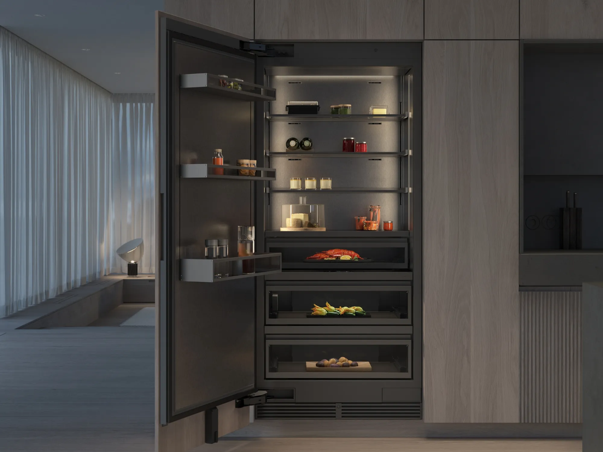 Ett kylskåp i Gaggenau Vario Cooling Expressive-serien i ett lyxigt kök