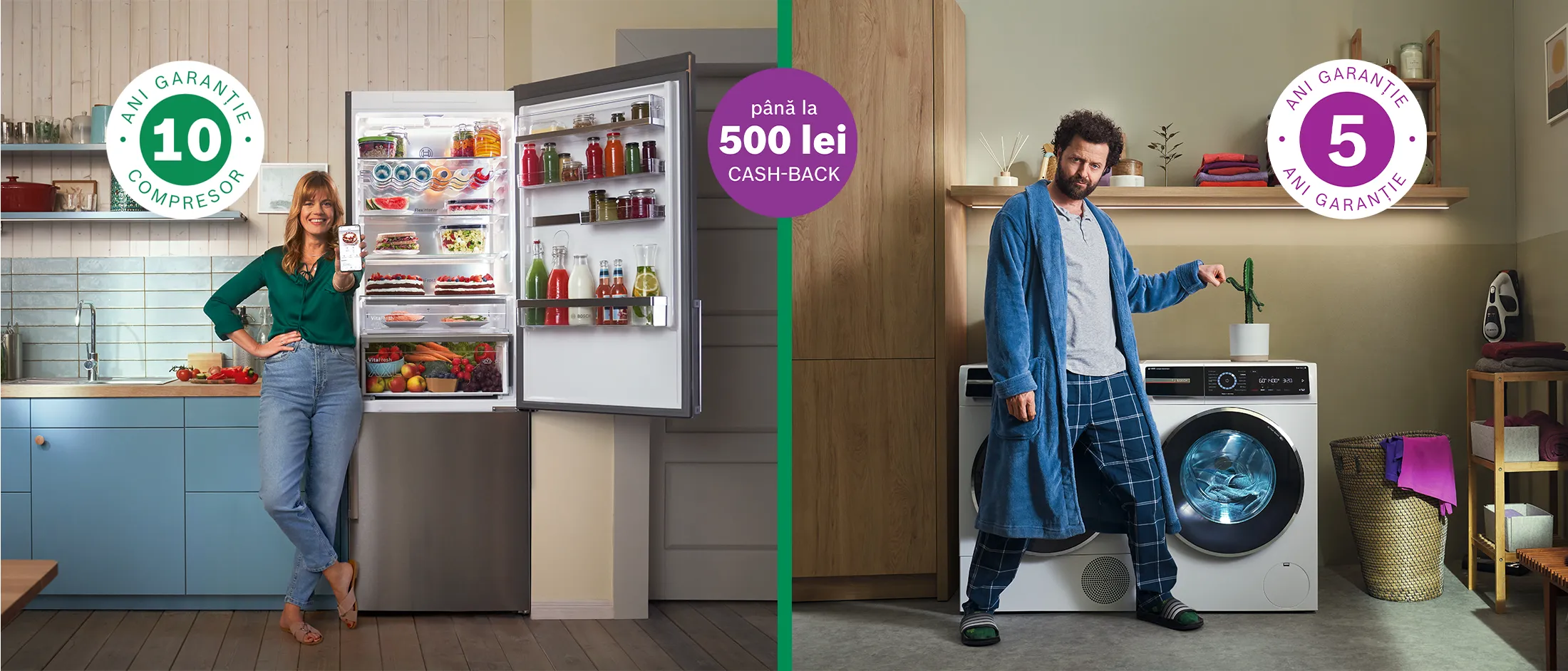colaj de 2 imagini cu masina de spalat si combina frigorifica Bosch, logo 10 ani garantie compresor, 5 ani garantie masina de spalt si logo cash-back pana la 500 de lei