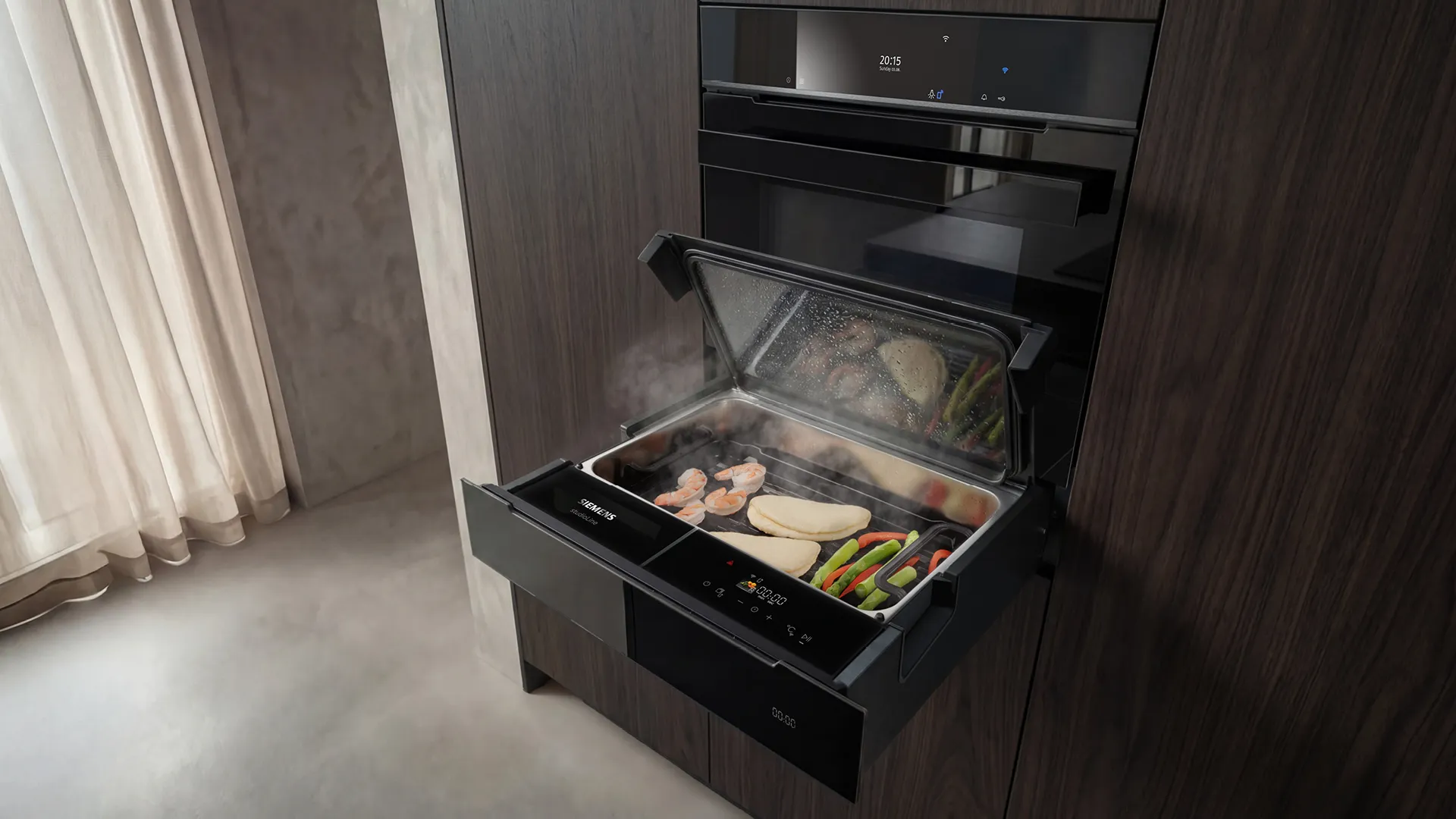 Scène de cuisine avec un tiroir à vapeur et des aliments prêts à manger