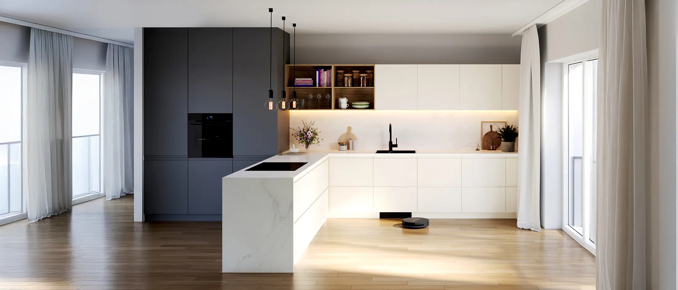 Une cuisine lumineuse avec des meubles en bois et l’aspirateur robot Bosch.