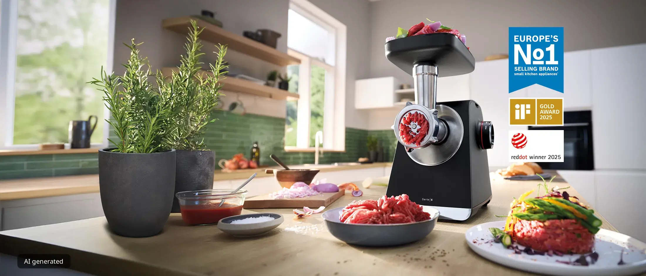 Черна месомелачка Bosch с разглобени части от неръждаема стомана – пръстен, решетка, нож, шнек – плаващи над кухненски плот.