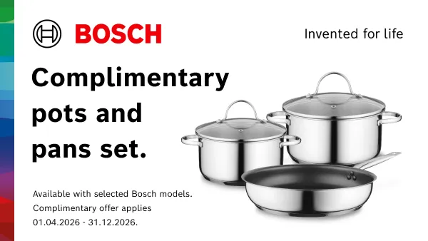 Three pots and pans together with promotion details