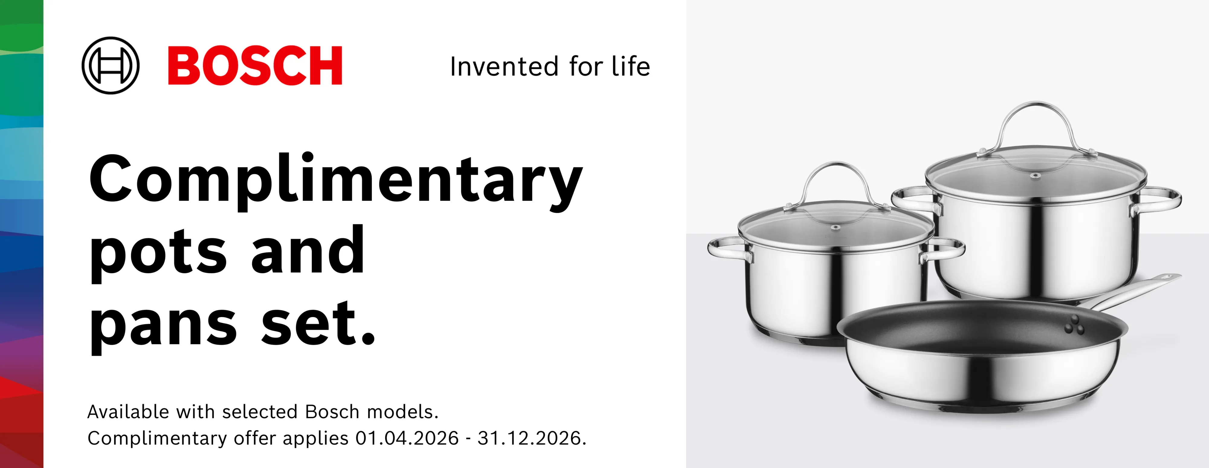 Three pots and pans together with promotion dates