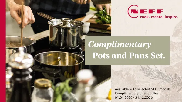 Three pots and pans together with promotion details