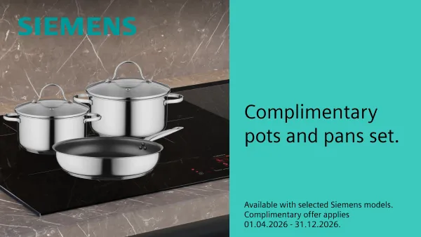 Three pots and pans together with promotion details