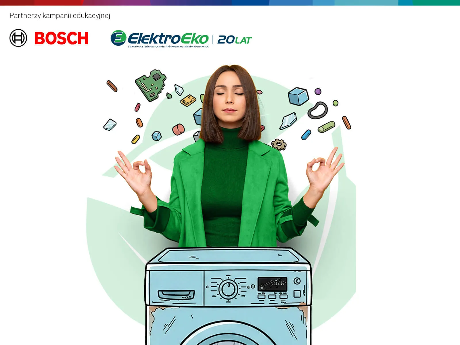 Kobieta w zielonym stroju, obok ilustrowana pralka