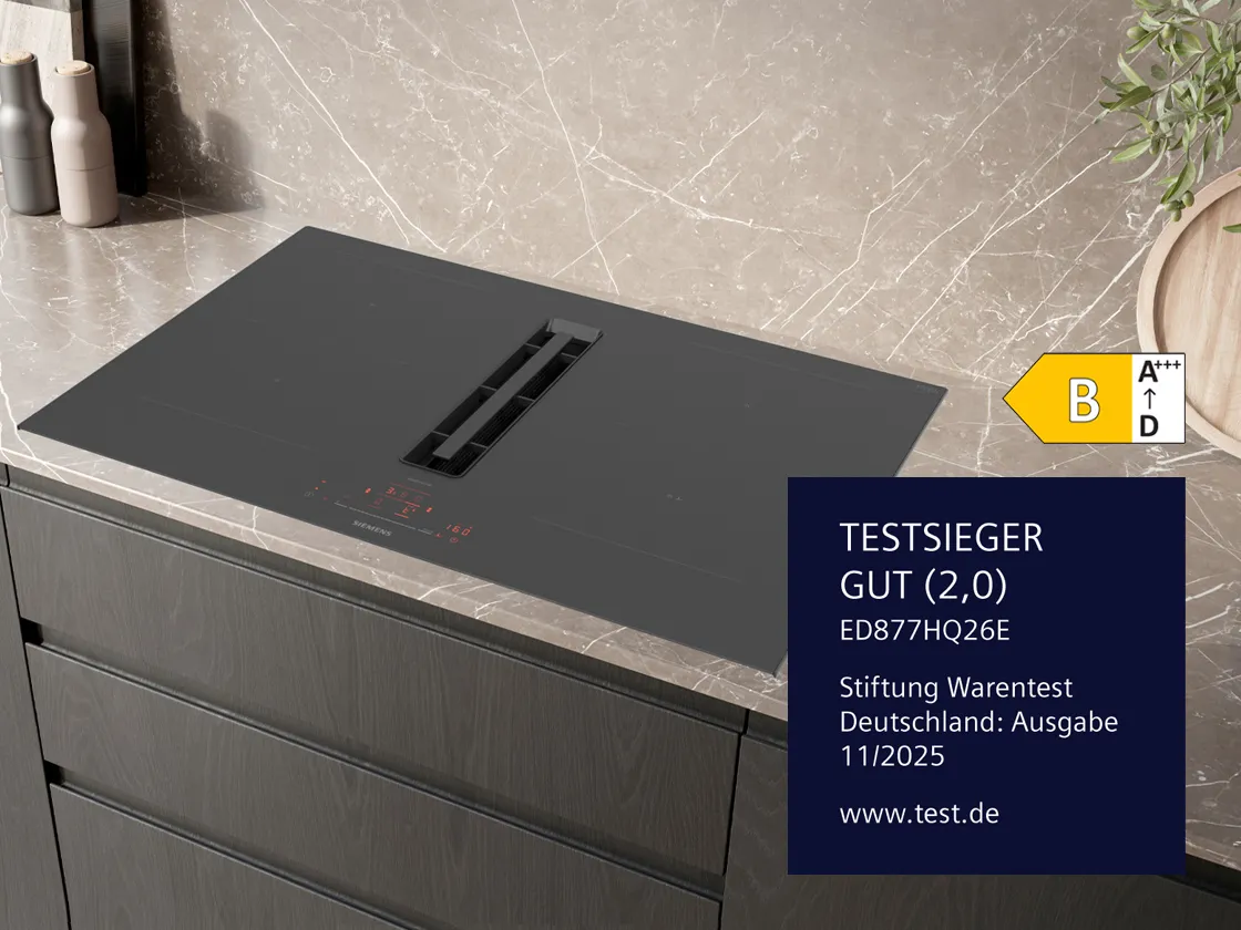 Siemens Induktionskochfeld mit integriertem Dunstabzug ED877HQ26E – Testsieger bei Stiftung Warentest mit dem Qualitätsurteil GUT (2,0), Ausgabe 11/2025