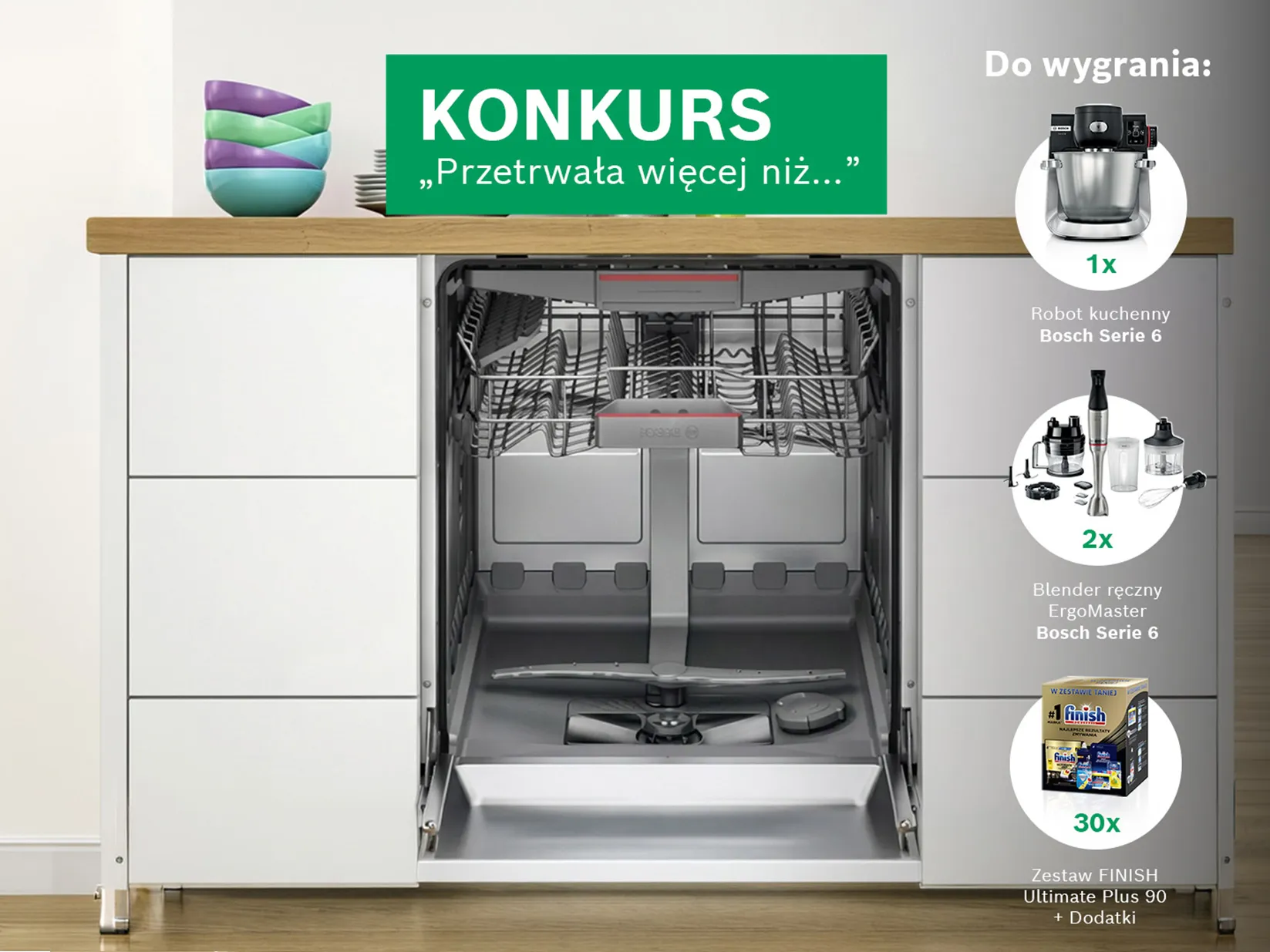Otwarta zmywarka w nowoczesnej kuchni, robot kuchenny Bosch Serie 6, blendery i zapas Finish.