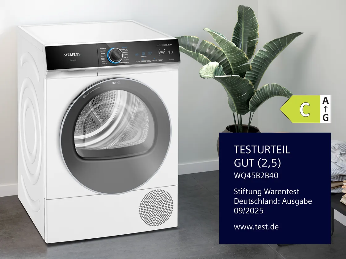 Siemens Trockner WQ45B2B40 ausgezeichnet von Stiftung Warentest.