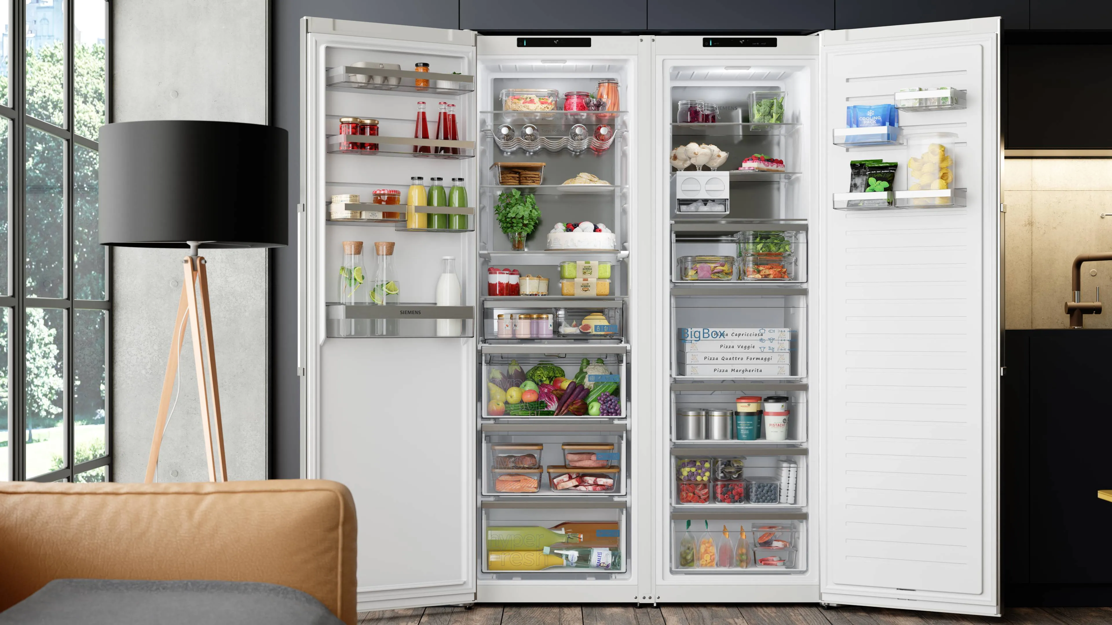 Open fridge freezer in kitchen