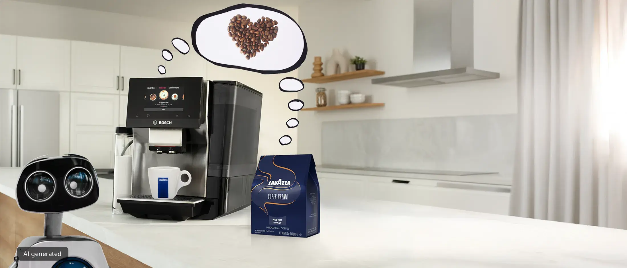 Robot looking at a Bosch coffee machine brewing coffee, with thought bubbles showing coffee beans in a heart shape and Lavazza coffee beans on counter.