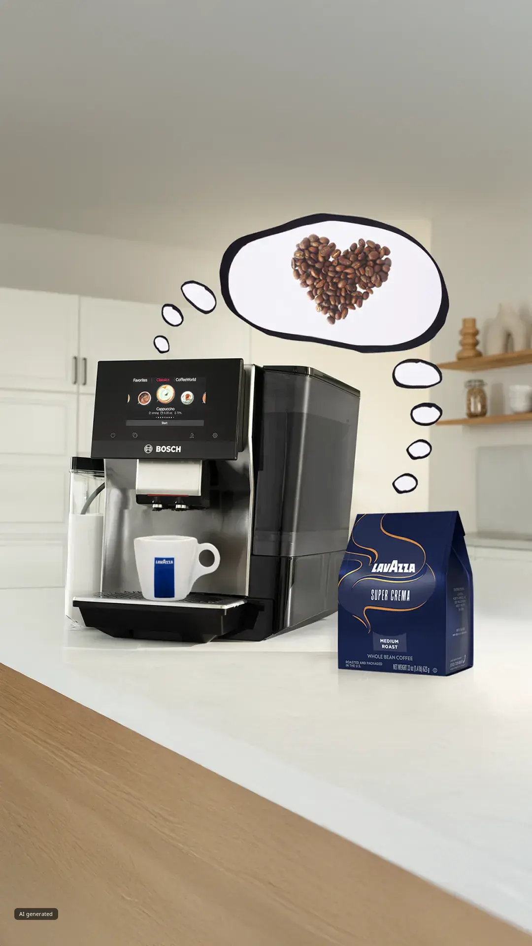 Robot looking at a Bosch coffee machine brewing coffee, with thought bubbles showing coffee beans in a heart shape and Lavazza coffee beans on counter.