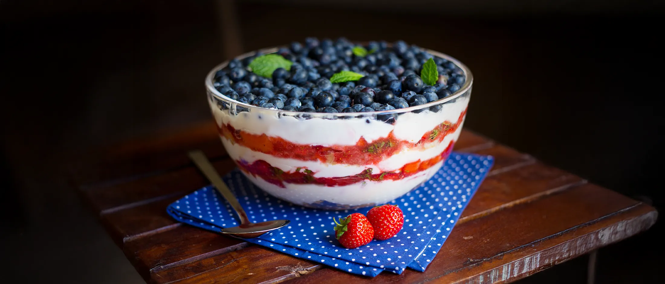 Glass bowl of layered yogurt, strawberry sauce, and fresh blueberries, garnished with mint leaves, placed on a blue polka dot napkin.