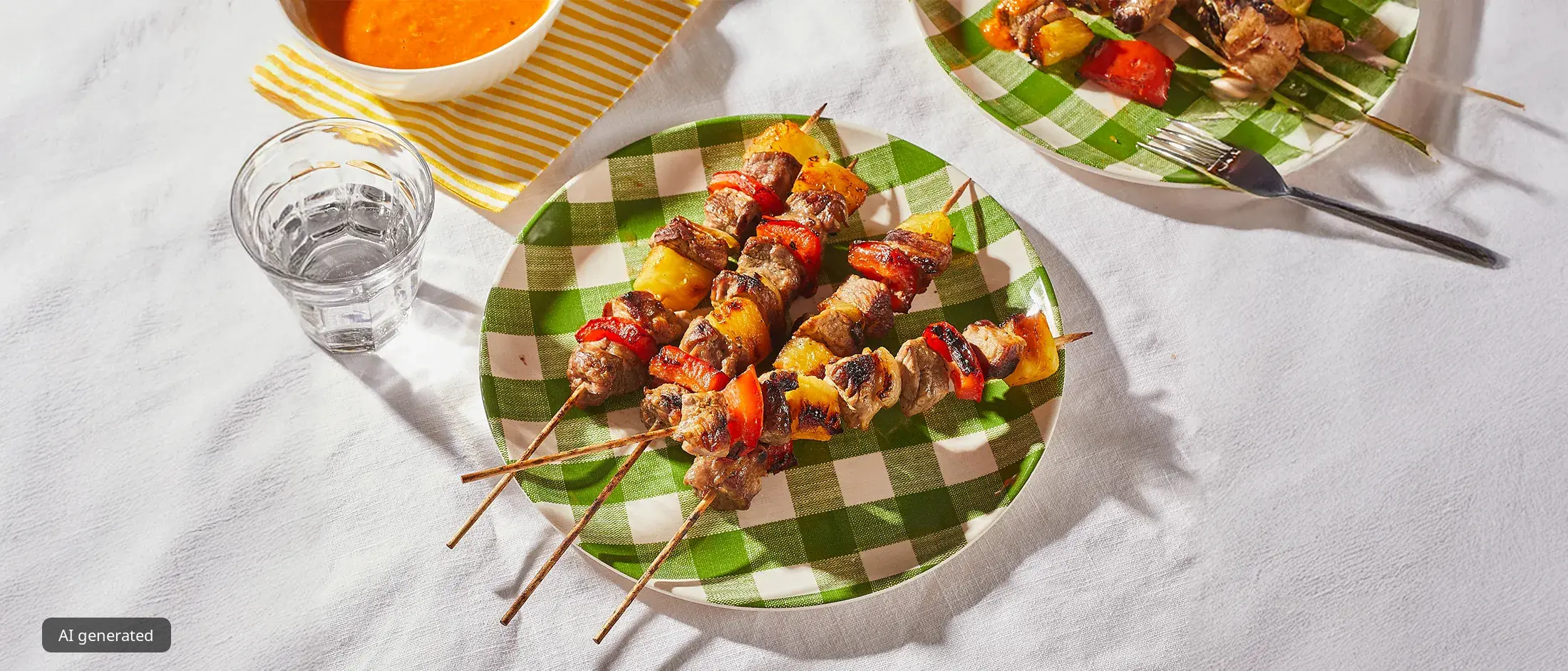 Three skewers of grilled meat, red peppers, and pineapple are arranged on a green and white checkered plate.