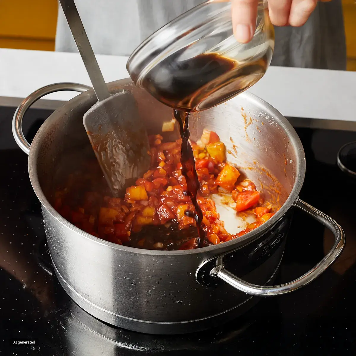 A person pours a dark liquid from a glass bowl into a pot of simmering vegetables and sauce.