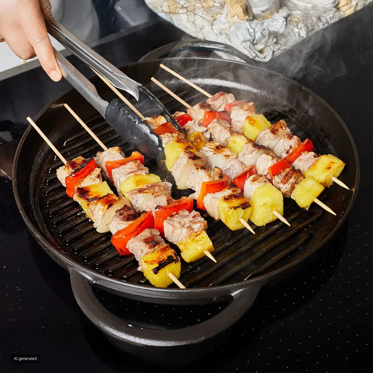 A person uses tongs to turn skewers of meat, red peppers, and pineapple cooking in a cast iron grill pan.