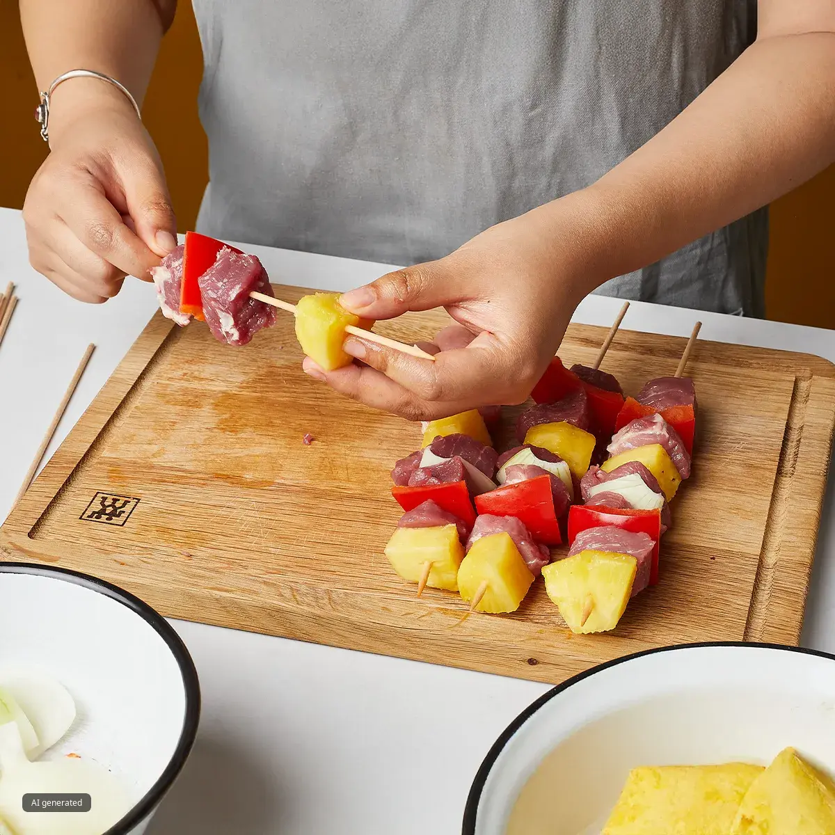 Person assembling raw meat, pineapple, red bell pepper, and onion skewers on a wooden cutting board.