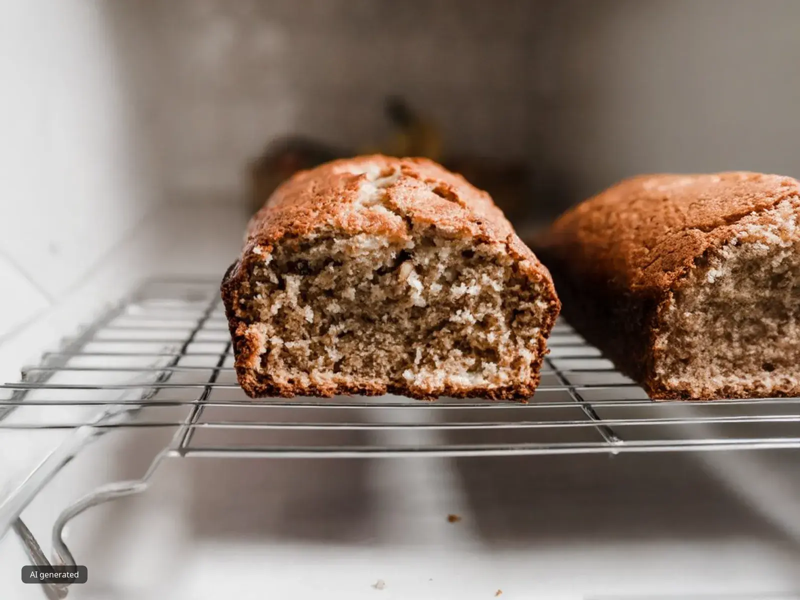 Freshly baked banana bread on a wire rack