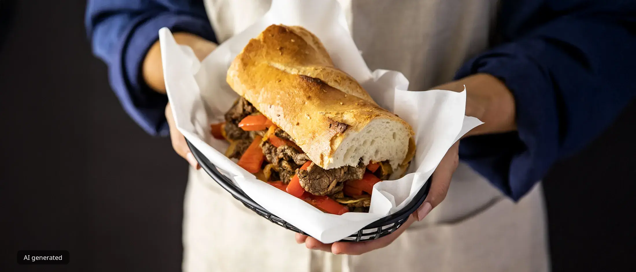 Hands hold a black basket lined with white paper containing a crusty baguette sandwich filled with sliced steak and red bell peppers.