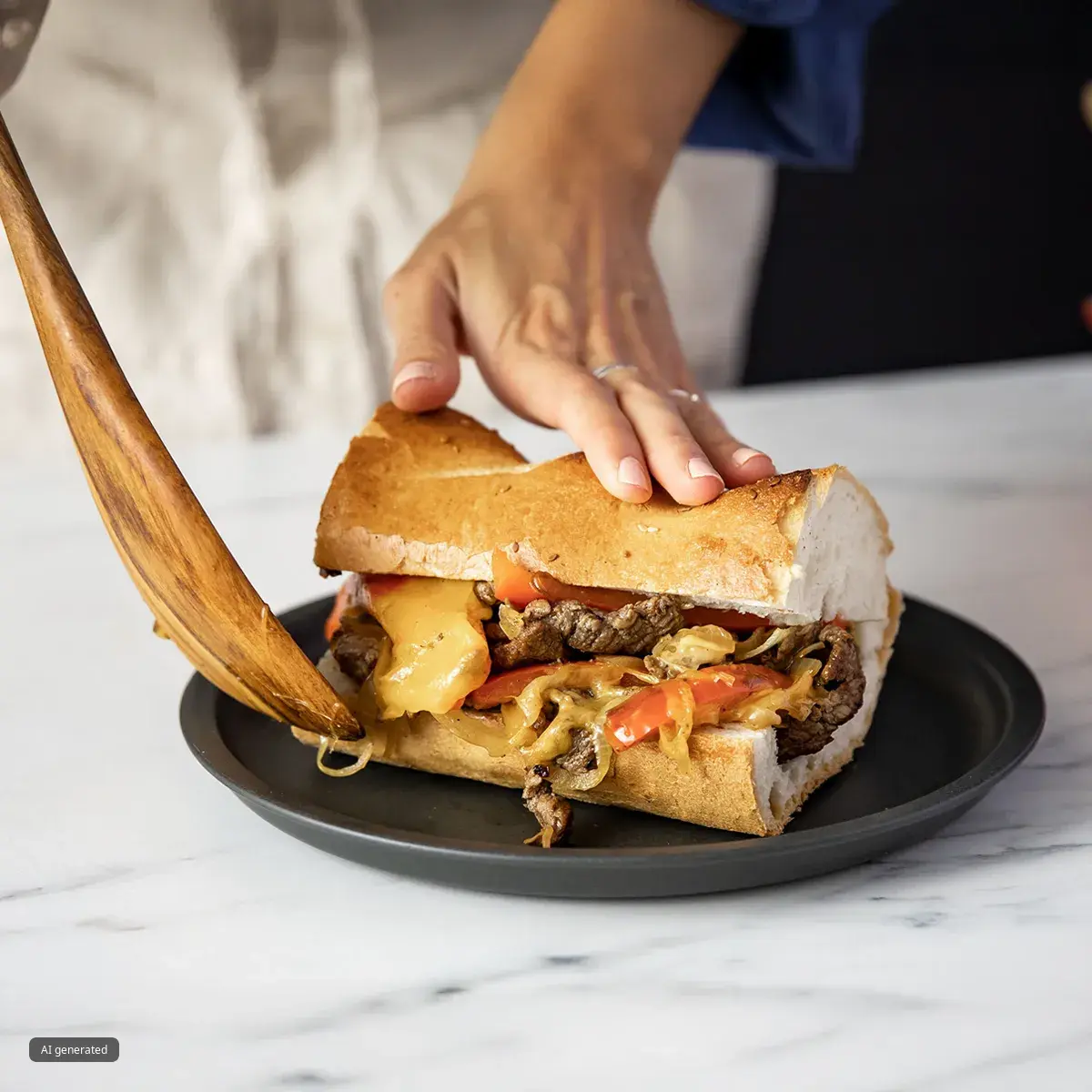 Hands assembling a cheesesteak on a black plate — baguette filled with sliced steak, melted cheddar, sautéed onions and red peppers, supported by a wooden spatula.