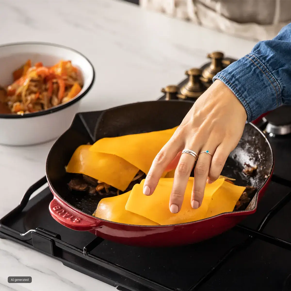 Hand placing slices of cheddar cheese over cooked steak and peppers in a red skillet on a gas stove; person wearing a denim shirt and rings, with a bowl of cooked vegetables visible in the background.