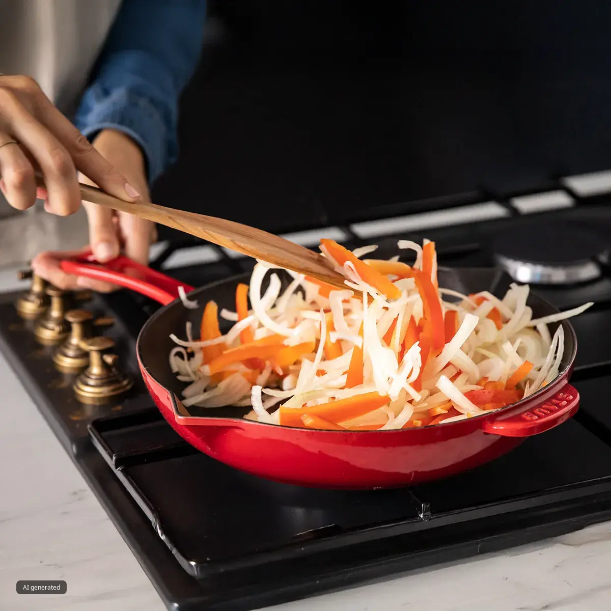 Hands stirring thinly sliced white onions and orange bell peppers in a red skillet on a gas stove with a wooden spatula; person wearing a denim shirt and apron.