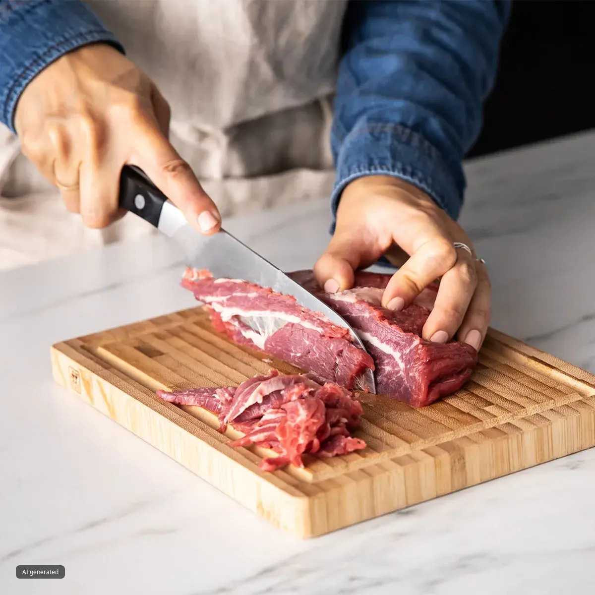 Hands slicing raw beef into thin strips with a chef’s knife on a wooden cutting board; person wearing a denim shirt and apron on a marble countertop.
