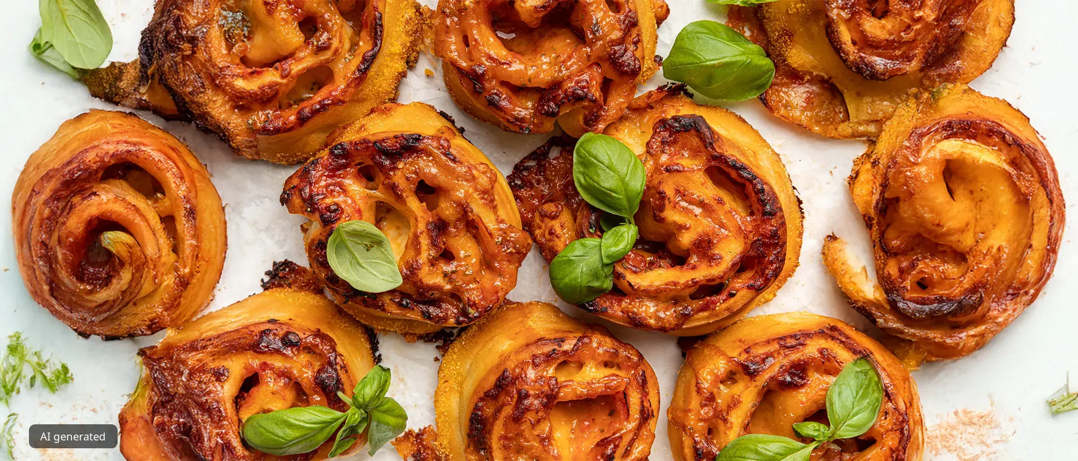 Close-up of baked savory pinwheels with melted cheese, tomato sauce, and fresh basil leaves on parchment paper.