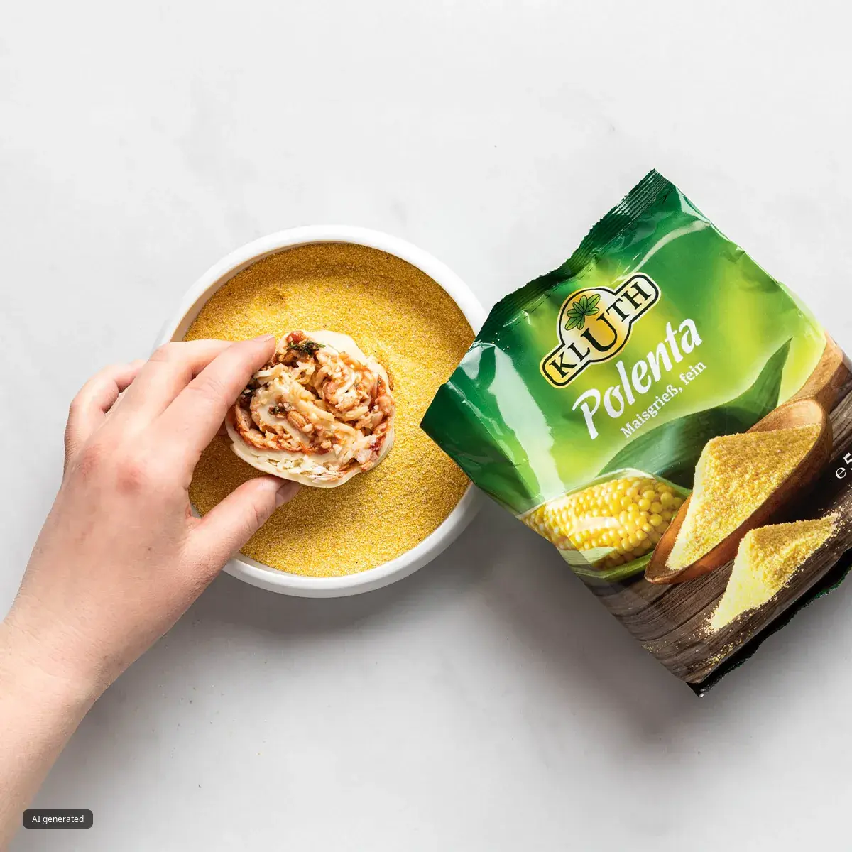 Hand holding a rolled tortilla with filling over a bowl of cornmeal next to a green bag of Kluth brand polenta.
