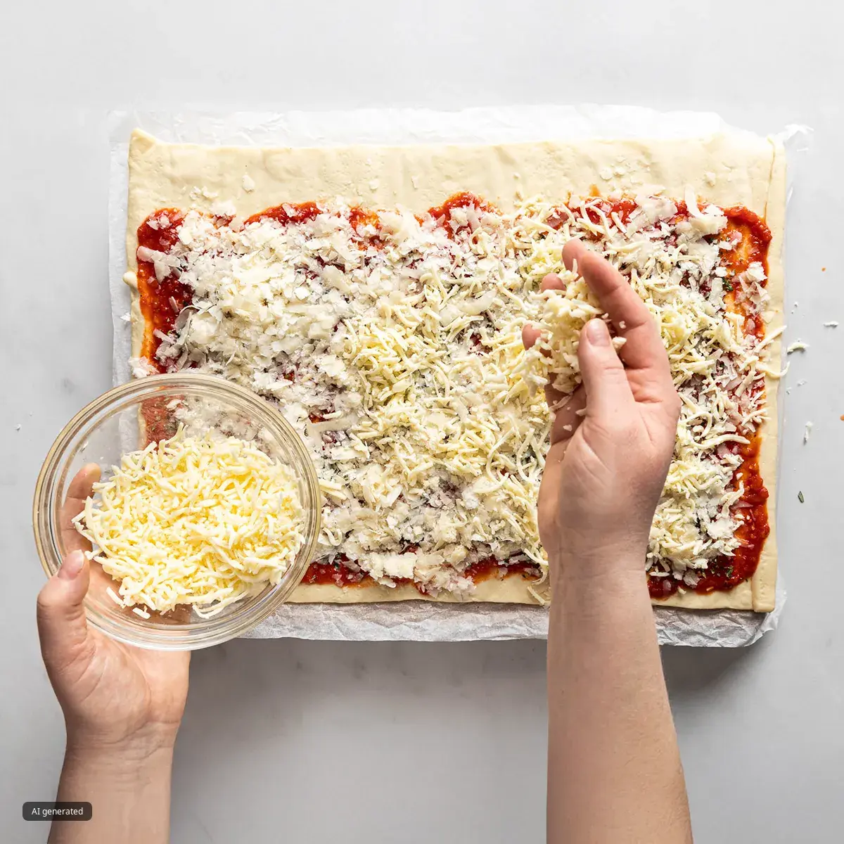Hands adding salt from a small glass bowl into a saucepan with red tomato sauce on a black stovetop.