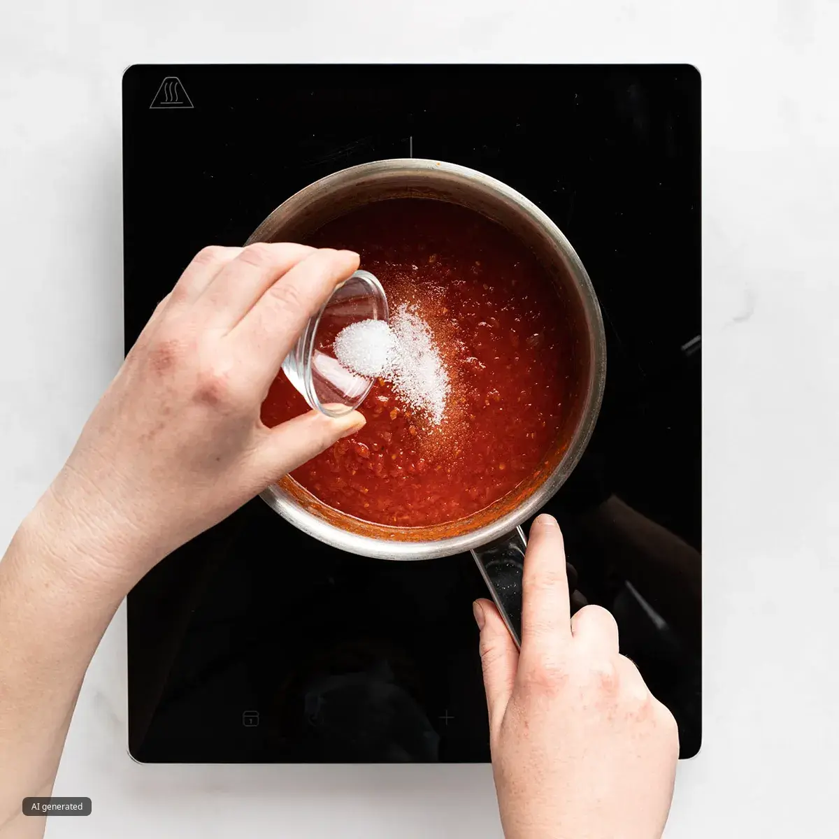 Hands adding salt from a small glass bowl into a saucepan with red tomato sauce on a black stovetop.