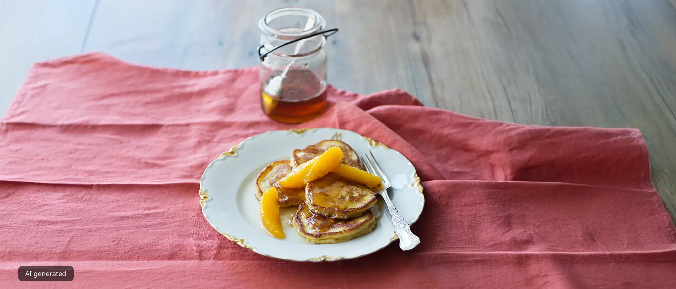 Plate of small pancakes topped with orange slices and syrup, placed on a red cloth with a jar of syrup in the background.