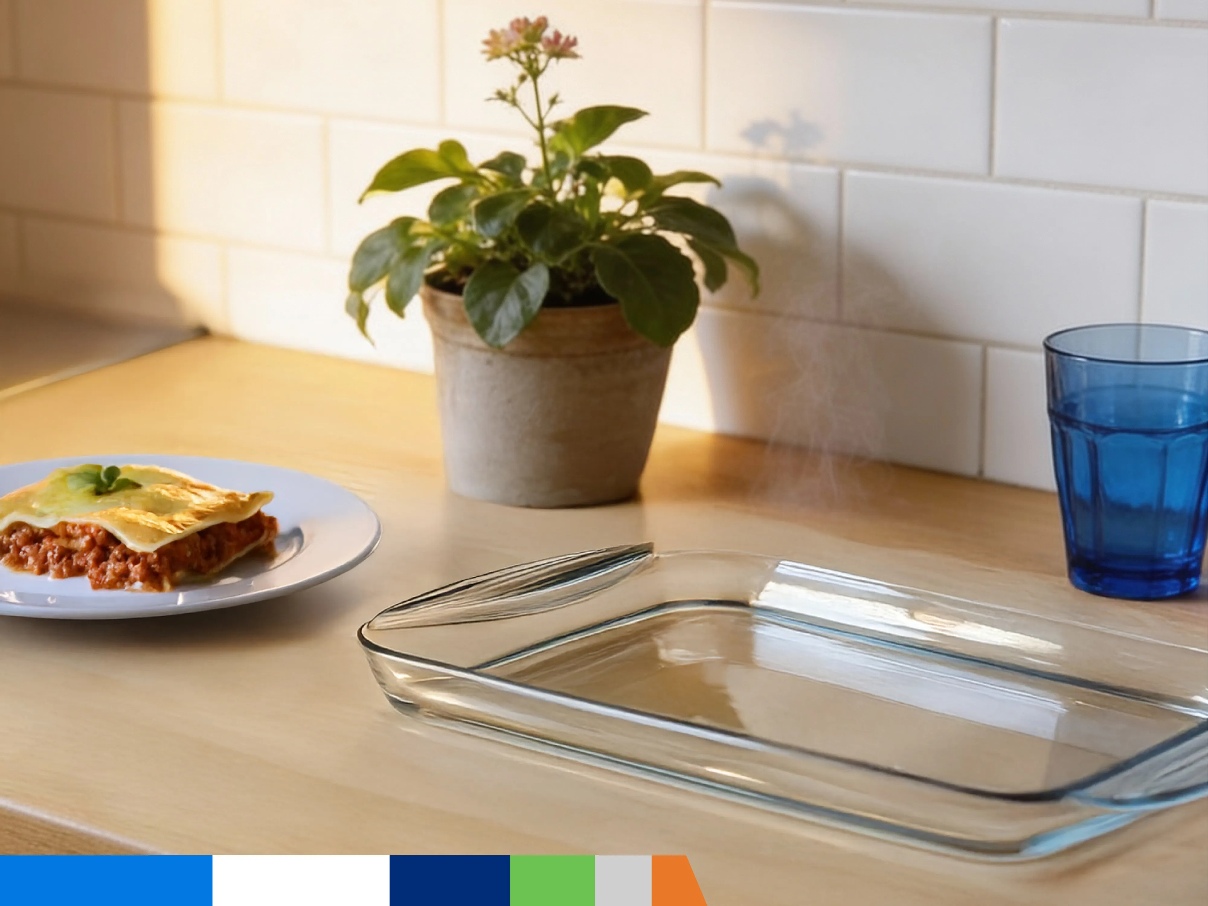 Bandeja de cristal reluciente y plato de lasaña sobre encimera de madera.​