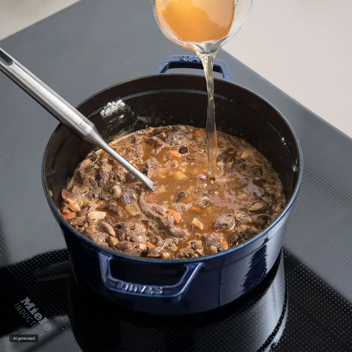 Liquid is being poured from a glass measuring cup into a blue Staub Dutch oven filled with a simmering stew of meat and vegetables on a Miele induction cooktop.