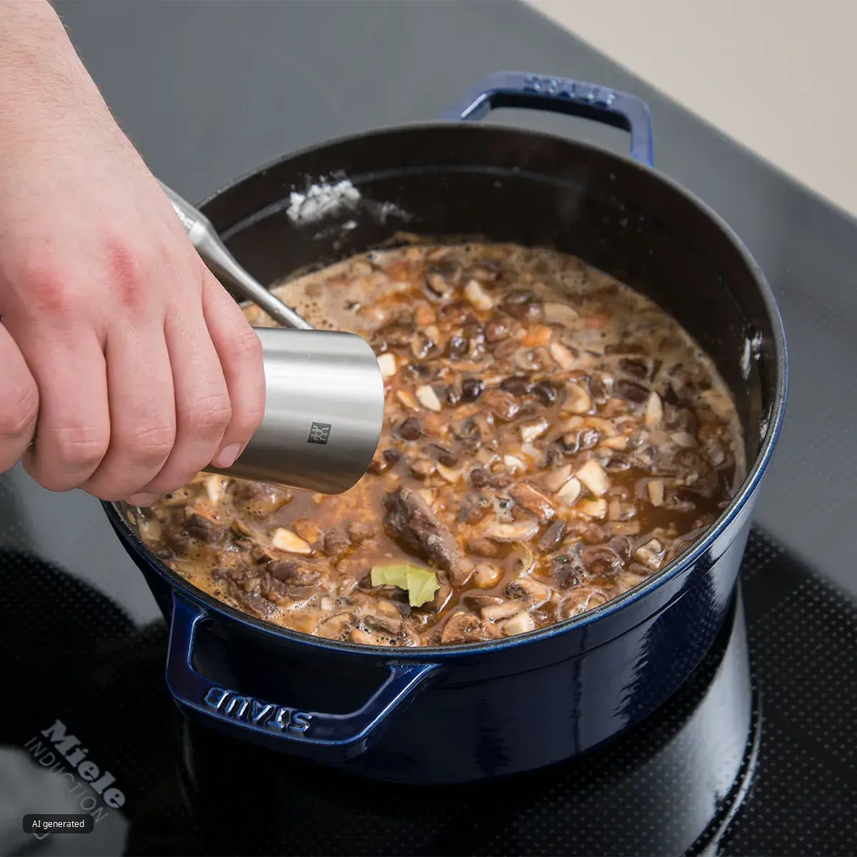 A hand holds a silver spice grinder, adding seasoning to a blue Staub Dutch oven filled with a simmering stew of meat and mushrooms on a black induction cooktop.