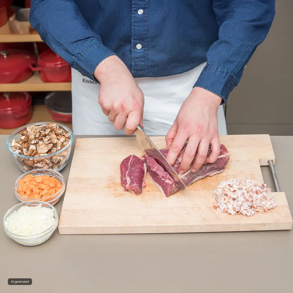 A person in a blue shirt and white apron is dicing raw beef on a wooden cutting board, with bowls of chopped mushrooms, carrots, and onions nearby.